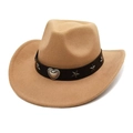 Detail of khaki felt cowboy hat with leather band, silver heart buckle and star studs - Camel