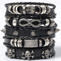 Detailed close-up of punk leather bracelets featuring skull and infinity metal charms - Style 7/Punk Black Leather Infinity Symbol Spikes Bracelet Set