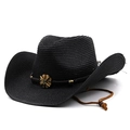 Classic black straw cowboy hat with wide brim, wooden flower trim and windproof cord - M (56-58cm) / Black