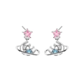 Star and bear stud earrings with pink star crystal and blue saturn ring design - Silver