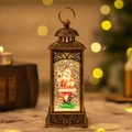 Bronzene Retro-Weihnachtslaterne mit Weihnachtsmann-Figur und glitzernder Schneekugel - Vintage Weihnachtsmann am Telefon