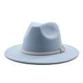 Detail of light blue felt fedora hat featuring a white decorative band and gold metal buckle - Sky Blue
