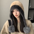 Beige and dark grey plush hooded scarf with large fur pom-poms for winter warmth - Three Pom-Pom Plush Style (Khaki) / Color Block