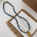 Bohemian multicolored stone bead necklace with blue eye pendant and gold accents - Lapis Lazuli Necklace XL0372