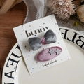 Pink and grey bow and star fabric hair clips on decorative white card and plate - Velvet Padded Bow
