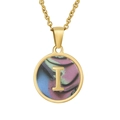 18K gold plated titanium steel necklace featuring a round pendant with letter I and shell inlay - Colorful Abalone Shell Letter I