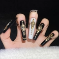 Handgemaakte koker nepnagels in zwart en wit met gouden strass-steentjes en kristallen - L / Zwart Wit Strass Stijl (1744)
