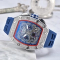 Iced-out tonneau quartz watch with blue rubber strap and skeleton skull dial design - Dark Blue Dial Silver Case Dark Blue Strap