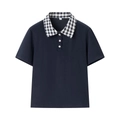 Detail of navy knit polo shirt with black and white plaid collar and flower buttons - S / Navy Blue Top