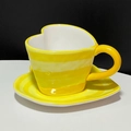 Hand-painted yellow and white striped heart-shaped ceramic coffee cup and saucer set - 280ml / Yellow
