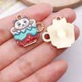 Cartoon cat coffee cup charm in gold alloy with colorful enamel details - Blue Cup White Cat - Gold Base
