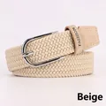 Elastic woven belt in beige with silver pin buckle and synthetic leather detail - Beige