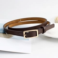 Women's dark brown slim leather belt with gold rectangular buckle for dresses - Dark Coffee