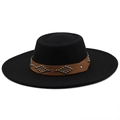 Close-up of wide-brim black wool hat with brown leather belt and silver metal rivets - M / Black