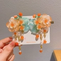 Girl's Hanfu flower hair clip with orange tassels, white pearls and gold accents - 65# Green Leaf Orange Flower Pair