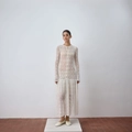 Elegant white crochet knit maxi dress with V-neck and hollow out mesh long sleeves - S / White