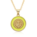 Close-up of golden necklace with a religious relief icon on a vibrant green enamel pendant - Style A011