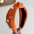 Orange knotted wide headband with faux pearls and rhinestones on ribbed fabric - Orange