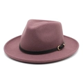 Elegant pink-purple wool felt fedora hat featuring a black leather band and gold buckle - M / Deep Purple