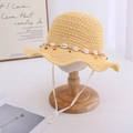 Detail of yellow crochet sun hat with natural seashells and colorful beads decor - Hat Circumference 50-52cm (Recommended 1-3.5 Years) / Yellow