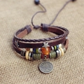Multilayer leather bracelet with Libra charm, green woven cord and rustic wooden beads - Libra