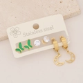 Detail of 3-pair stainless steel earring set with green butterfly, zircon, and moon charms - Green Butterfly White Zirconia Gold Moon Set (4#)