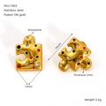 Detail showing 18K gold plated stainless steel puzzle earrings with colored rhinestones - Gold