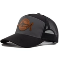 Black and grey mesh trucker hat featuring a brown leather shark fishing patch on the front - Grey Black