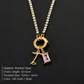 Elegant 14K gold plated titanium steel letter A necklace with a pink gemstone charm - Letter T