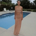 Two-piece mesh set with one-shoulder top and high-waist slit skirt in nude color - S / Brown