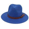 Detail of royal blue woven straw fedora hat with brown leather belt and tassel accent - Sapphire Blue