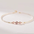 Elegant rice pearl necklace with a central pink pearl and strawberry crystal beads - Pink Pearl Strawberry Quartz White Rice Bead Necklace (TAT-522)