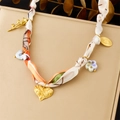 Floral print silk scarf necklace featuring golden heart and flower pendants - Orange Green White Floral Style (N3629)