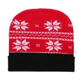 Winter knit beanie with red snowflake jacquard and black folded cuff for women - Red and Black Snowflake Style (T)