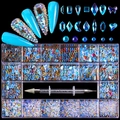21-grid nail art rhinestones set with multi-shape crystals and dual-ended wax pen - Transparent Aurora Set / 21 Grids/600 Large+2500 Flatback