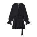 Elegantes schwarzes Langarm-Plissee-Minikleid mit Taillierung und Schleife am Ausschnitt - XS / Schwarz