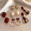 Vintage silver needle earrings with pearls and crystals in 5 unique elegant styles - 78# Silver Needle - Gold/White/Red (10-Piece Set)