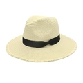 Cappello fedora in paglia beige con nastro nero, fiocco e tesa con frange fini - M (56-58cm) / crema