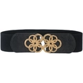 Women's black elastic wide belt featuring a gold floral metal buckle for dresses - Black