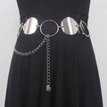 Bohemian style silver waist chain belt with large metal discs and flower pendant charm - Round Disc Tassel Flower Style (K0313A)