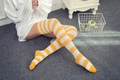 Over-the-knee socks featuring classic yellow and white stripes for JK uniform style - One Size / Orange and White Wide Stripes