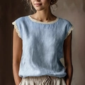 Women sleeveless blue cotton linen shirt with cream lace trim in a relaxed fit - S / Sky Blue