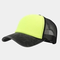 Detailed view of the breathable mesh back and washed brim on the trucker hat - Fluorescent Yellow