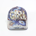 Detail of floral baseball cap with G-I-R-L pearl and rhinestone lettering - Adjustable / Blue GIRL
