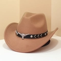 Khaki wool felt western cowboy hat featuring black leather band and silver bull head emblem - M (56-58cm) / Khaki Color (Black Bull Head Band)