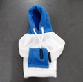 Mini car gear shift hoodie cover in blue and white knit fabric with drawstring - White & Blue Patchwork with Eyelets