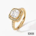 Golden stainless steel ring featuring a large square zircon stone and adjustable open band - Square Surround Diamond Style (KD606) / Gold