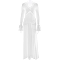 Weißes Langarmkleid mit V-Ausschnitt, Spitzendetails und Taillenband im französischen Stil - L / Weiß