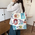 Off-white canvas tote bag featuring colorful cartoon dog and rabbit prints for students - Rabbit's Daily Life