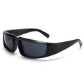 Silver punk Y2K sunglasses with wide wrap-around frame and dark grey lenses on white background - Glossy Black/Grey Lens